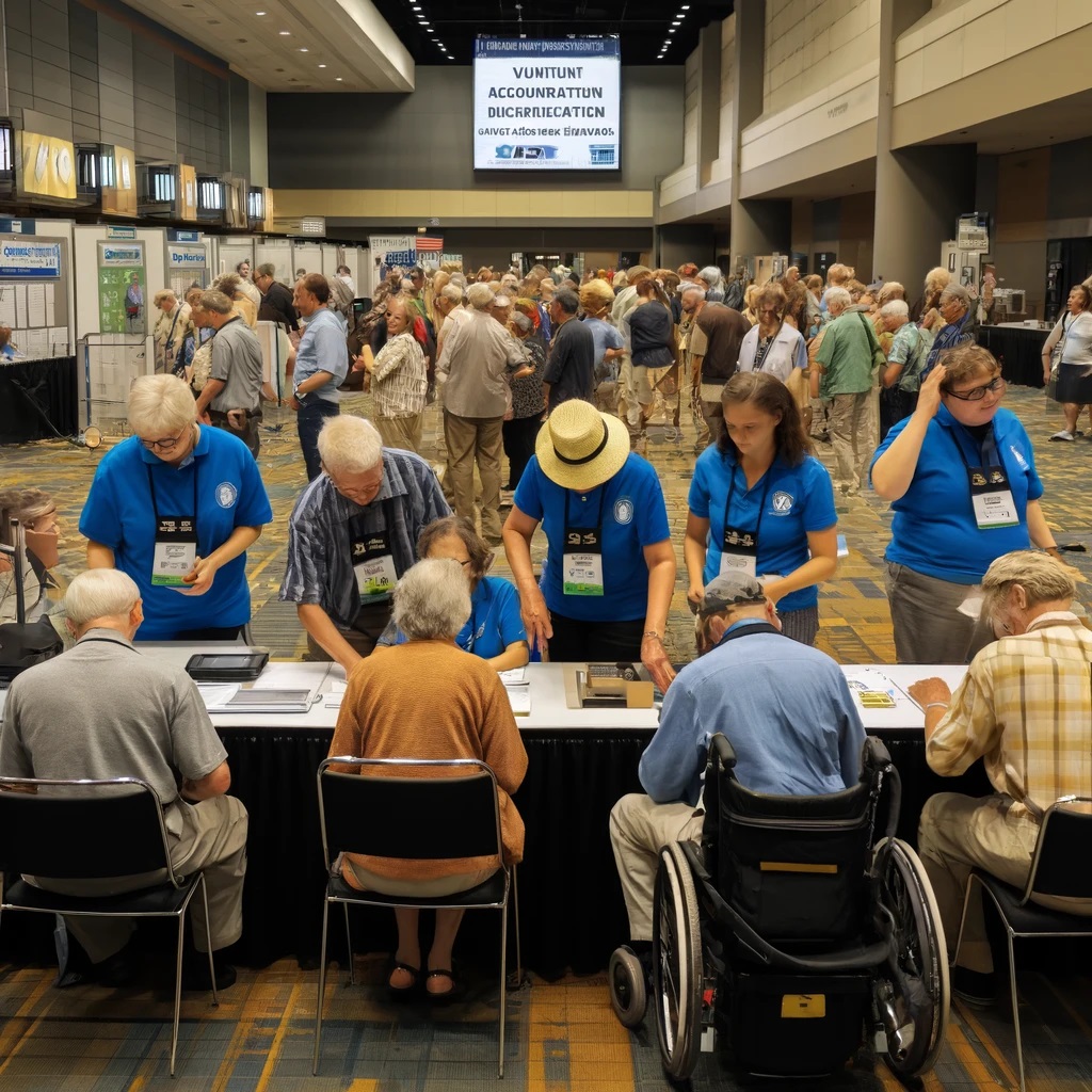 Volunteers assist blind individuals at the National Federation of the Blind of Iowa convention, guiding attendees through a registration area and offering support in a welcoming, accessible environment.